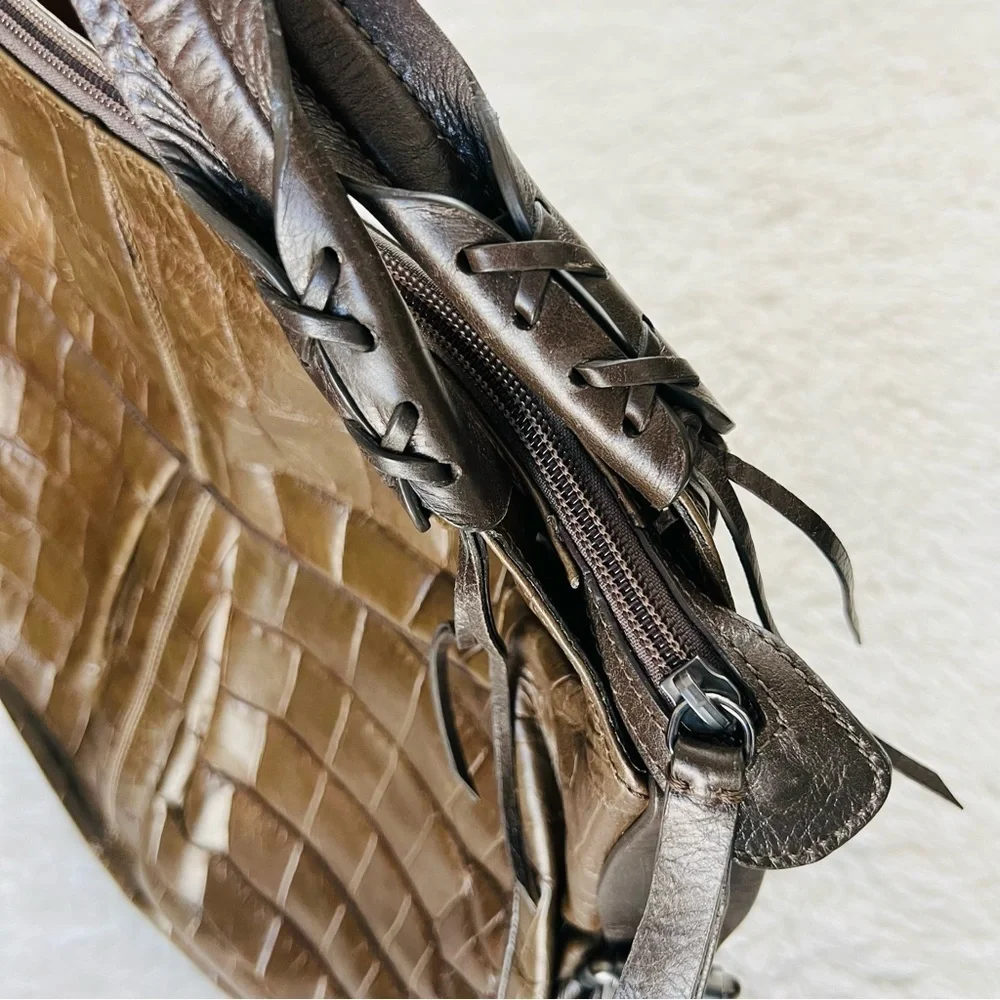 Francesco Biasia Italy Olive Crocodile Print Embossed Leather Large Bag